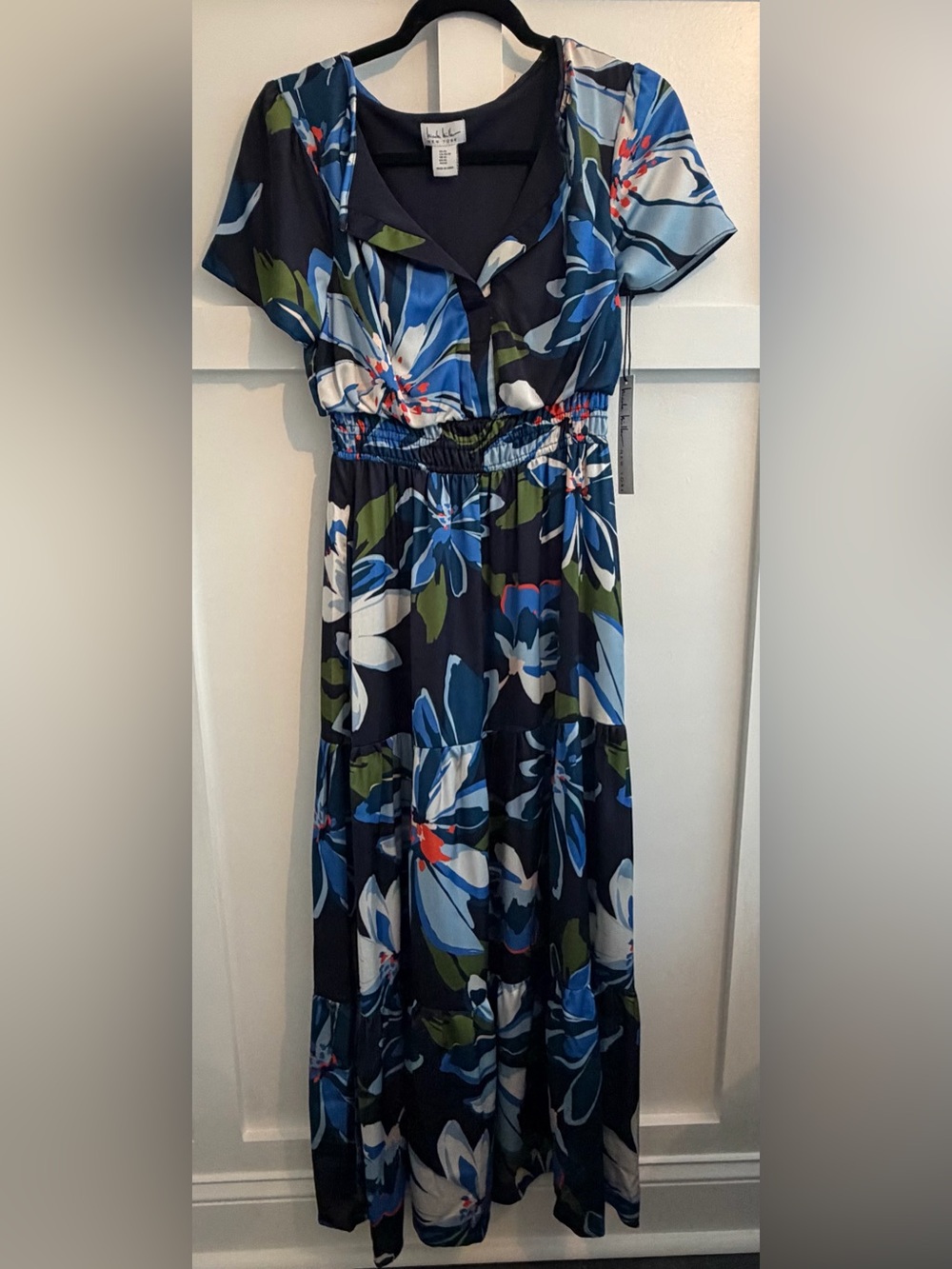 Nicole Miller Navy Floral Maxi Dress with Blue and White Blooms